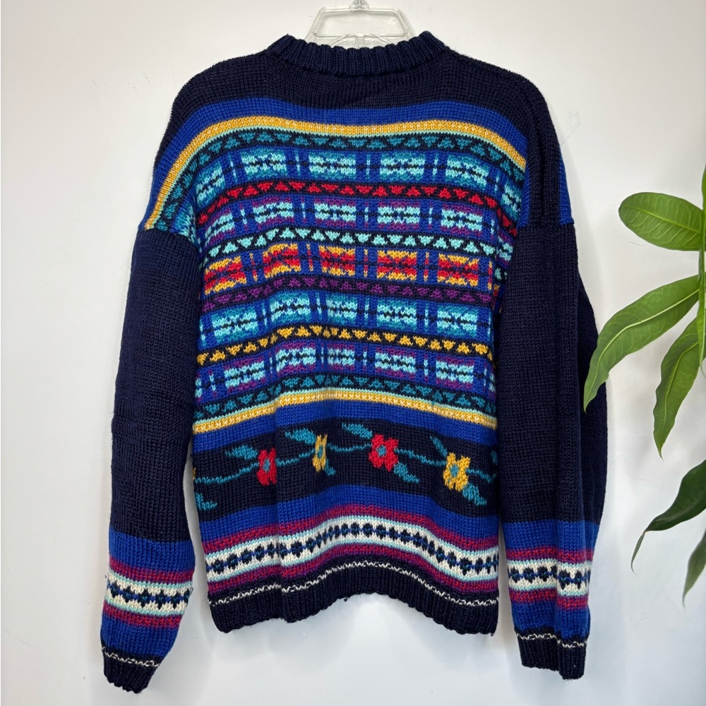 BN5 Colorful Patterned Soft Knit‎ Sweater Blue Pullover Grandmacore Vintage